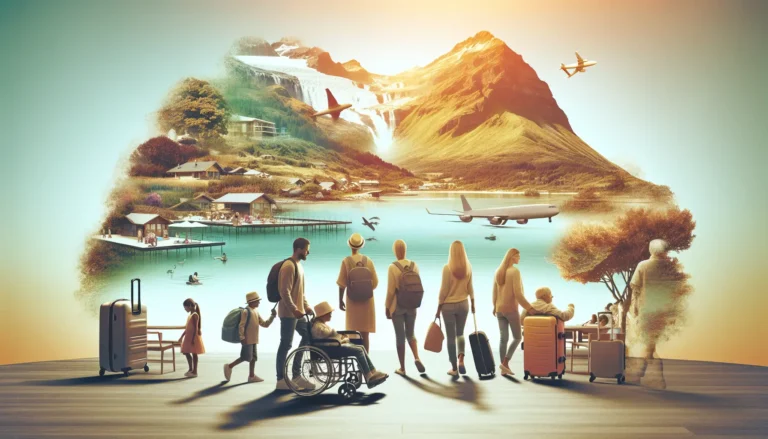 Famiglia felice in una destinazione accessibile, godendo di un momento di avventura insieme.