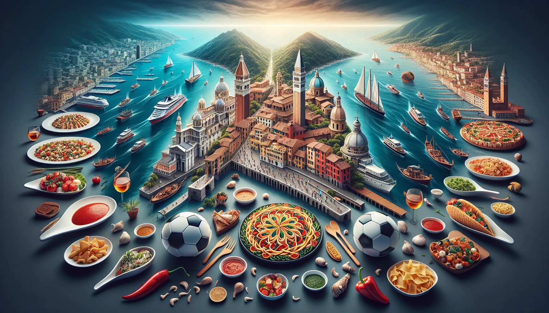 Vista panoramica di Udine e Genova, con il castello di Udine e il porto di Genova sullo sfondo.