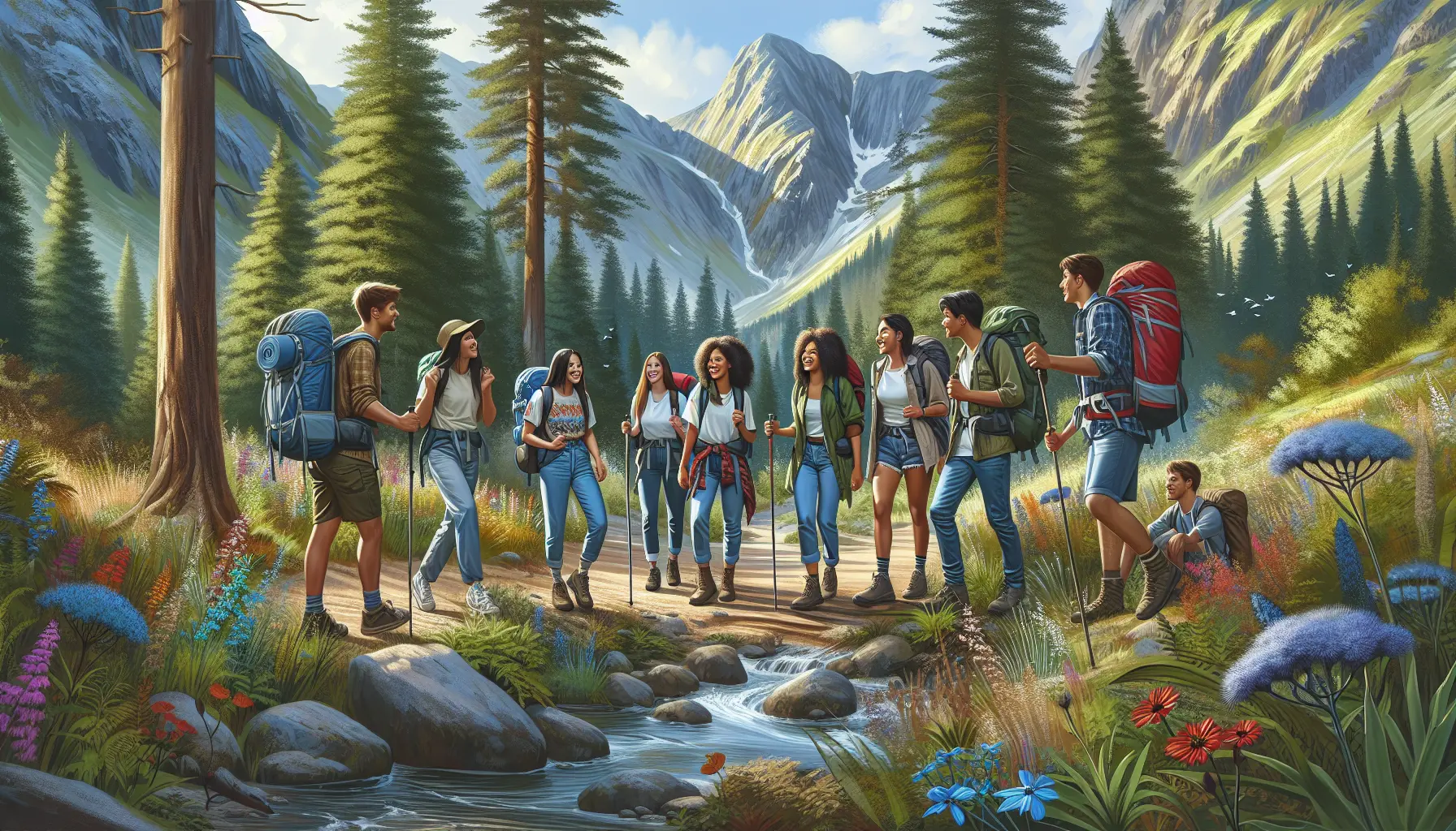 Giovani viaggiatori che esplorano un sentiero nella natura, sorridenti e felici durante un'escursione.