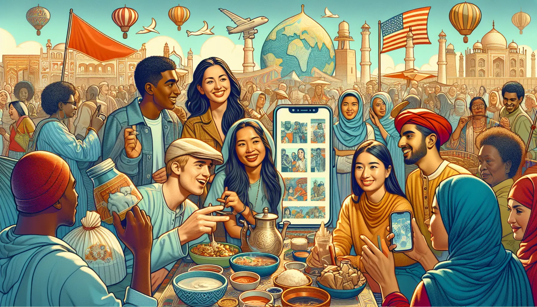 Un gruppo di persone che partecipano a un festival culturale, sorridendo e condividendo momenti di gioia.