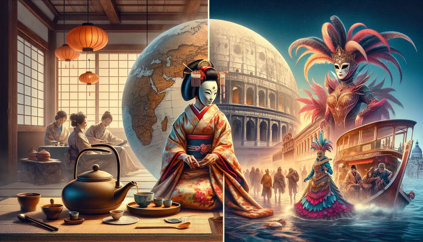 Un gruppo di persone che celebrano il Carnevale di Venezia con maschere colorate e costumi elaborati.