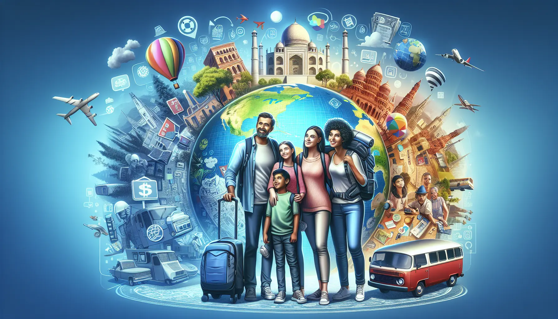 Una famiglia felice esplora una nuova destinazione, circondata da paesaggi mozzafiato e cultura locale.