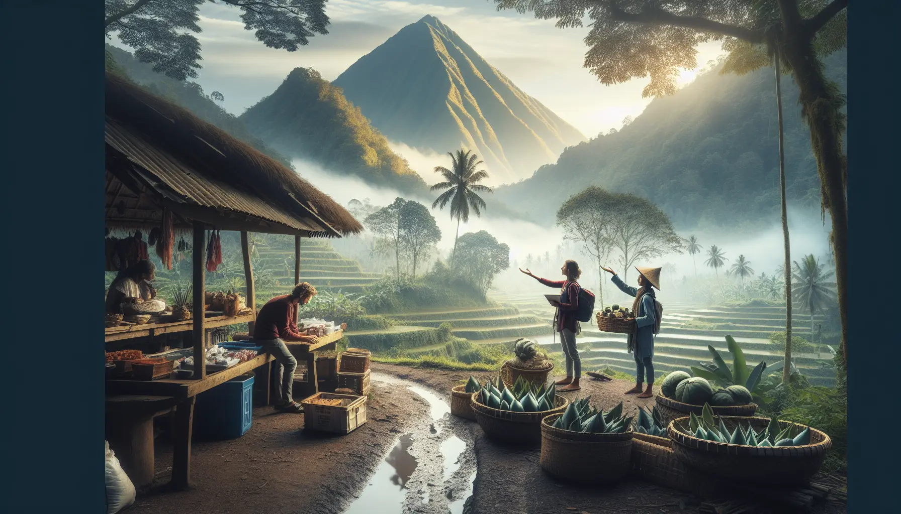 Viaggiatori che interagiscono con la comunità locale in un ambiente naturale, scoprendo tradizioni e culture.