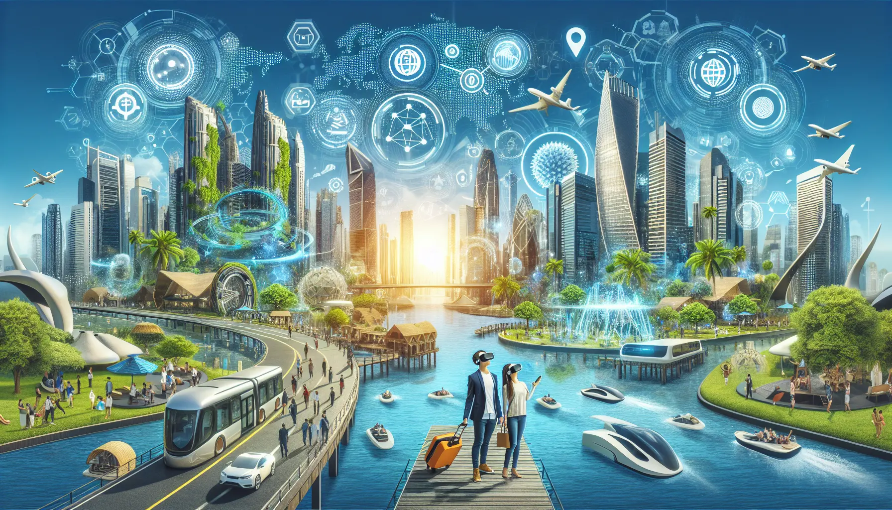 Immagine che rappresenta un viaggio tecnologico, con elementi di realtà aumentata e pianificazione di viaggi sostenibili.