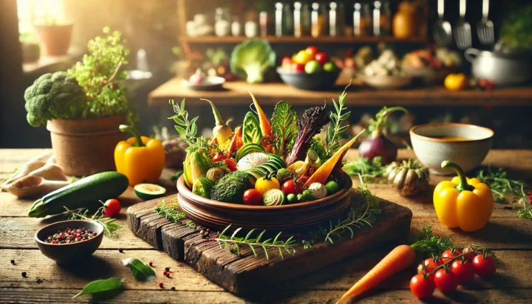 Un piatto elegante che reinventa una ricetta tradizionale, decorato con ingredienti stagionali freschi su un tavolo rustico, con luci calde e un'atmosfera accogliente.