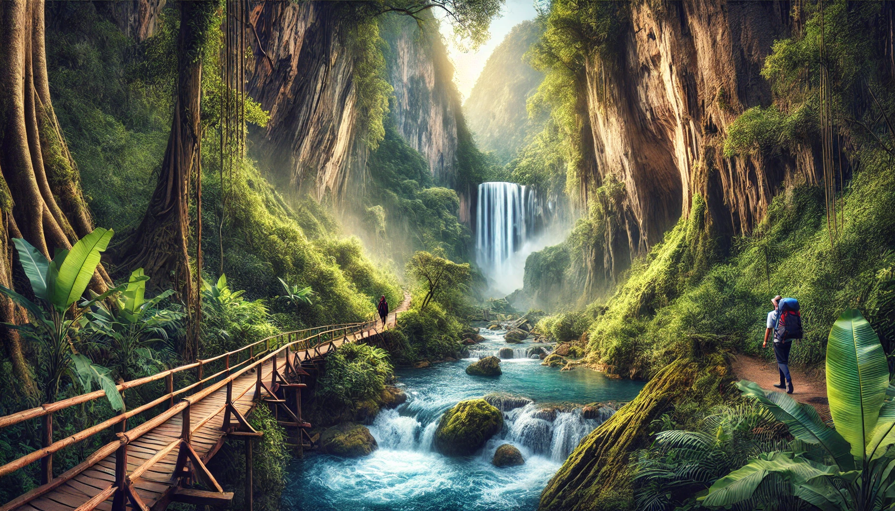 Un sentiero naturale immerso in una rigogliosa vegetazione, con una cascata che si riversa in un ruscello cristallino e un ponte di legno che attraversa il corso d'acqua. Sullo sfondo, un escursionista esplora il percorso, circondato dalla bellezza incontaminata della natura