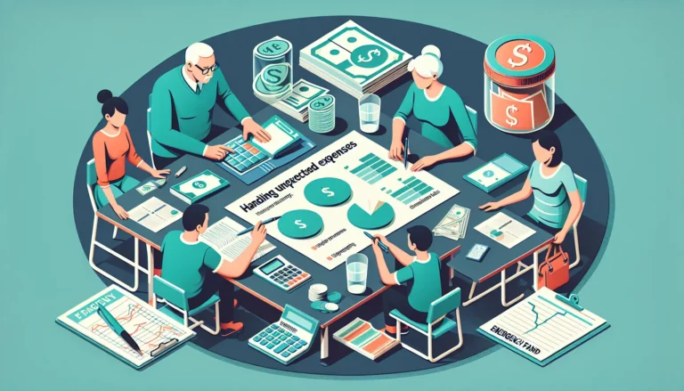 Una famiglia riunita attorno a un tavolo, discutendo il budget e pianificando le finanze per affrontare eventuali spese impreviste.