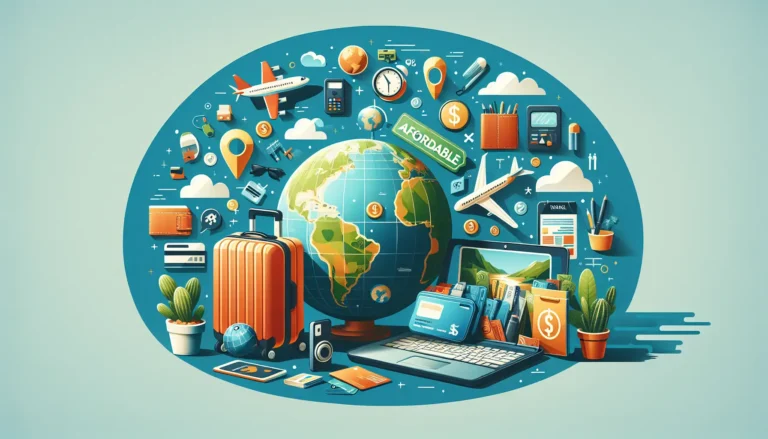 Una mappa del mondo con articoli da viaggio e un portafoglio aperto, simboleggiando viaggi low-cost e responsabili.