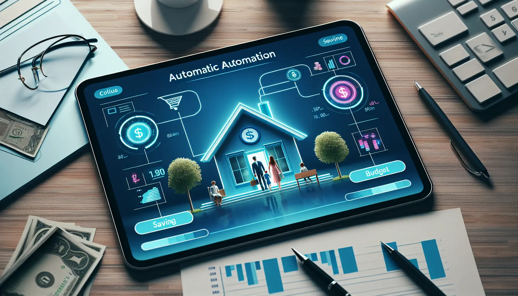 Un'immagine che rappresenta l'automazione nel risparmio, con grafici e simboli di denaro.