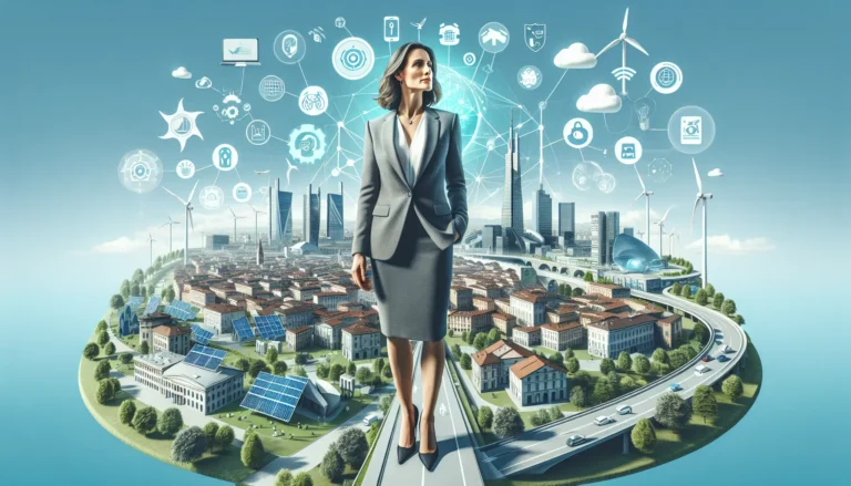 Chiara Appendino durante un evento pubblico a Torino, rappresentando l'impegno per l'innovazione e la sostenibilità.