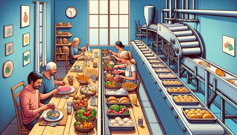 Un tavolo imbandito con piatti di cibo artigianale e industriale per un'occasione speciale