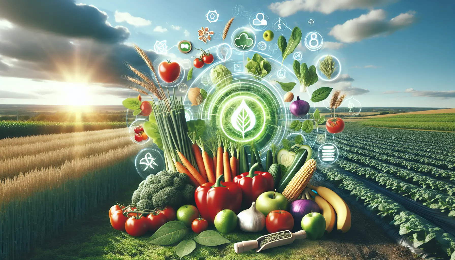 Varietà di frutta e verdura biologica fresca in un mercato contadino