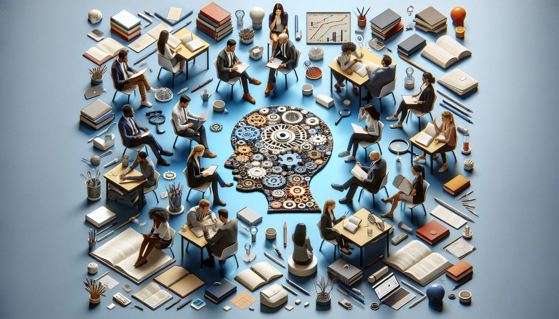 Un gruppo di studenti universitari coinvolti in una discussione animata, circondati da libri e computer.
