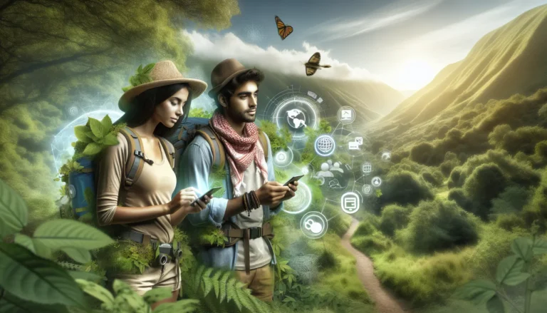 Giovane avventuriero che esplora un sentiero naturale con il suo smartphone in mano, circondato da una lussureggiante vegetazione.