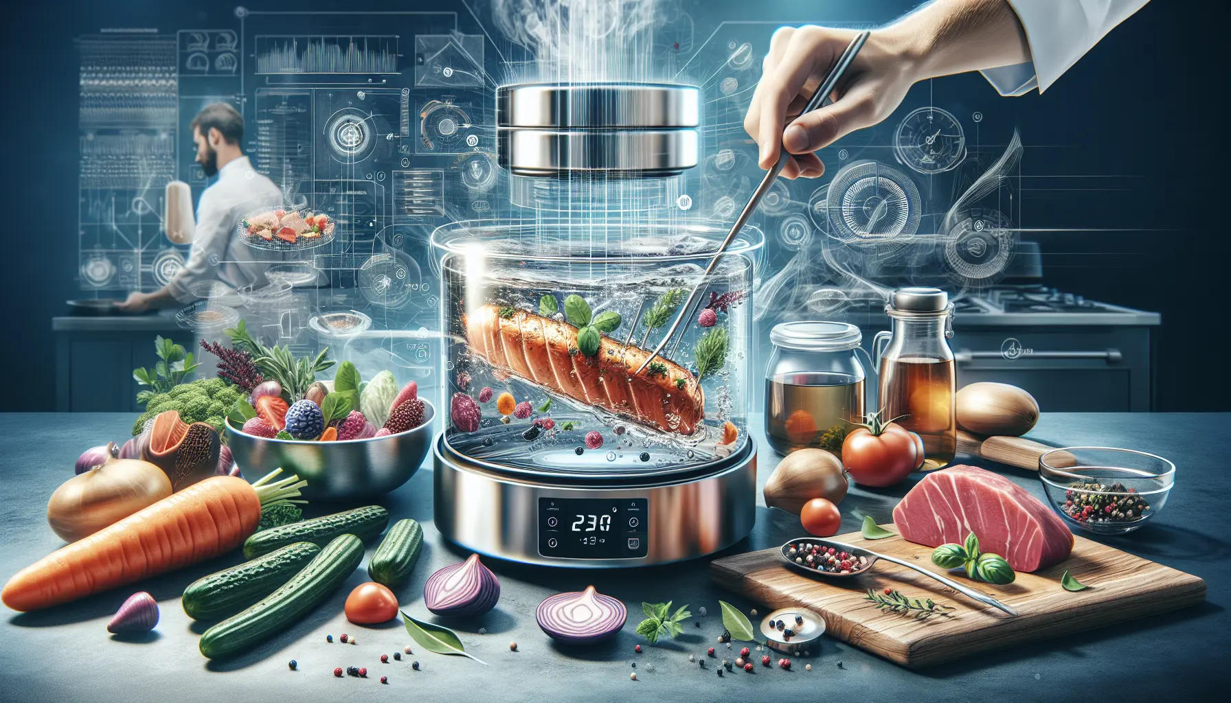 Un piatto gourmet preparato con cottura a bassa temperatura, con colori vivaci e ingredienti freschi