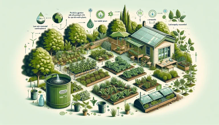 Giardino sostenibile con piante a basso consumo d'acqua e compostiera