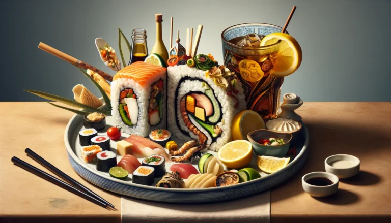 Un piatto di cucina fusion che combina elementi di diverse culture culinarie, presentato in modo creativo e colorato.