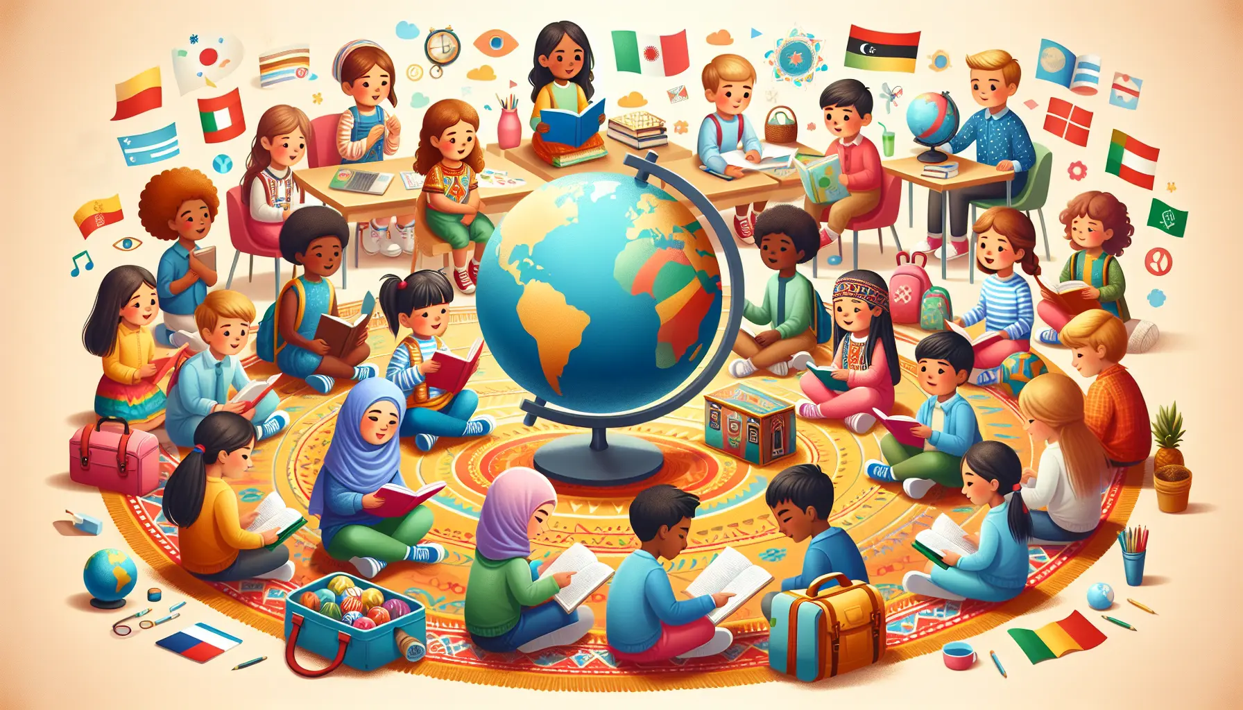 Un gruppo di bambini di diverse culture che giocano insieme in un parco, rappresentando l'educazione alla diversità culturale.