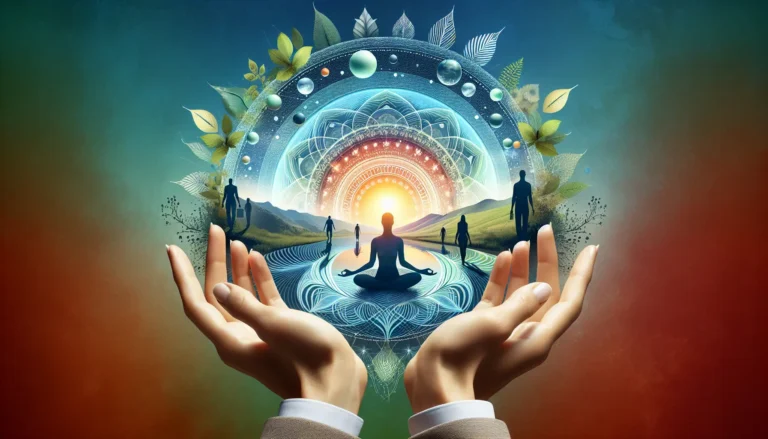 Una persona che medita all'aperto, circondata dalla natura, rappresentante il tema dell'equilibrio tra lavoro e vita.