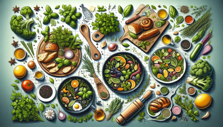 Erbe aromatiche fresche su un tavolo di legno, pronte per essere utilizzate in cucina.