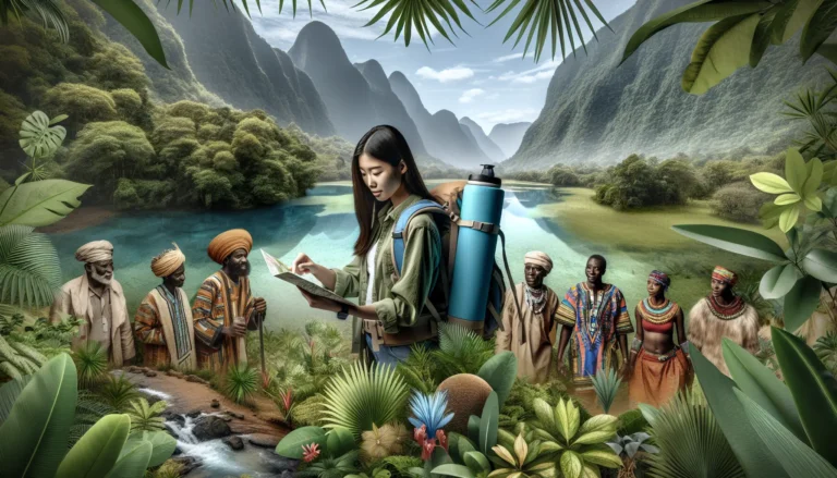 Un giovane avventuriero esplora una foresta pluviale, circondato da alberi e fauna selvatica, simbolo di un viaggio responsabile.