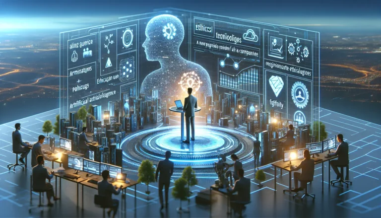 Un imprenditore che discute l'etica nell'uso dell'intelligenza artificiale in un ambiente di lavoro moderno