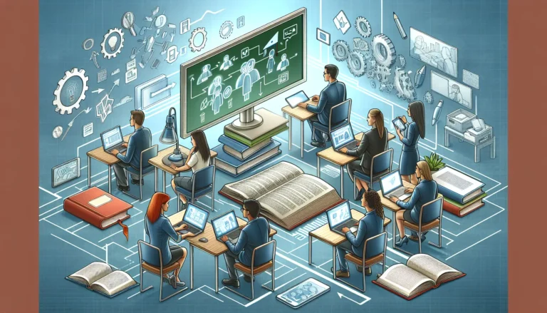 Un gruppo di studenti che collabora in un ambiente di apprendimento moderno, circondati da tecnologia e risorse digitali.