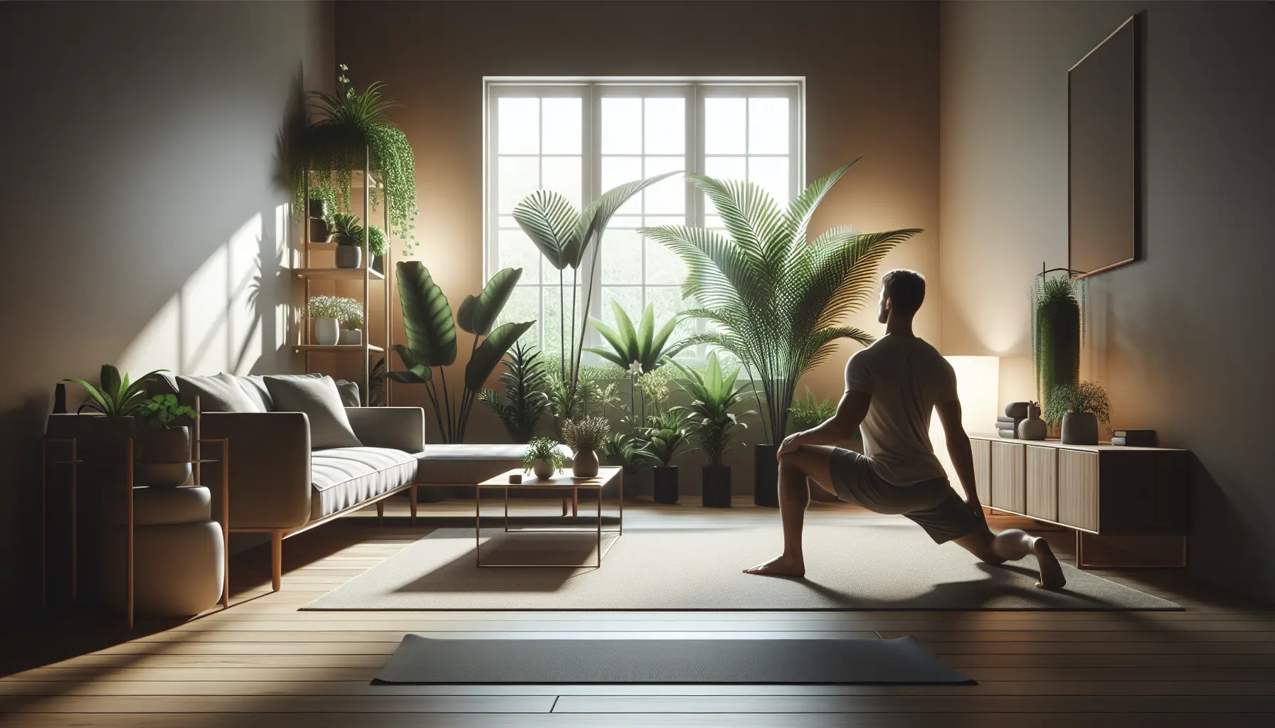 Una persona che pratica yoga in un ambiente sereno e rilassante, circondata da elementi naturali.