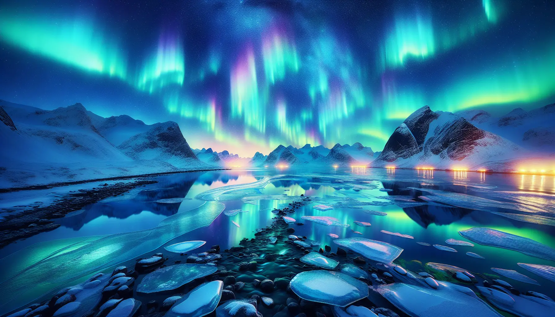 Un cielo notturno illuminato da danze di luci verdi e blu dell'aurora boreale sopra un paesaggio innevato.