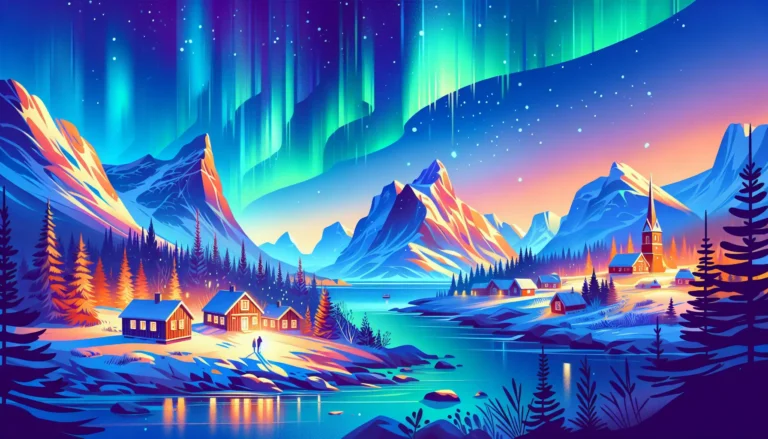 Un cielo notturno illuminato da un'aurora boreale, con luci verdi e blu che danzano sopra un paesaggio innevato.