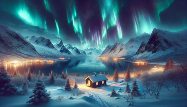 Un cielo notturno illuminato da un'aurora boreale con colori verdi e viola che danzano sopra un paesaggio innevato.