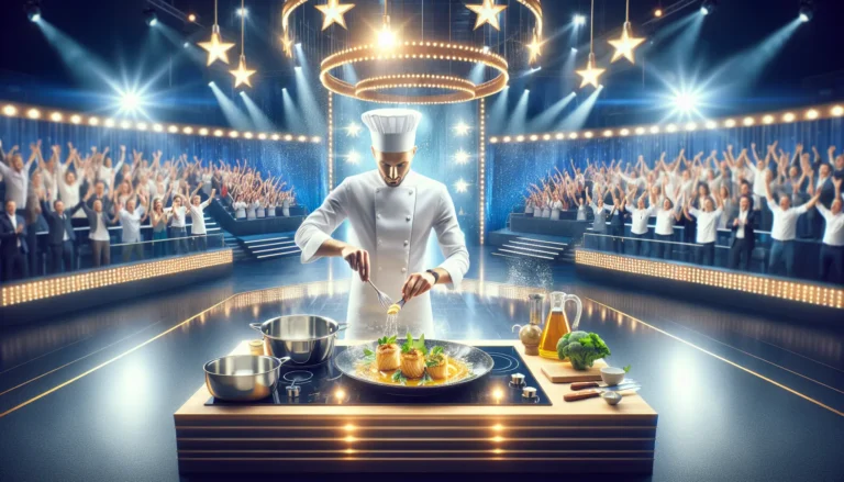 Celebrità in competizione in una sfida culinaria su Celebrity MasterChef, circondati da ingredienti freschi e attrezzature da cucina.