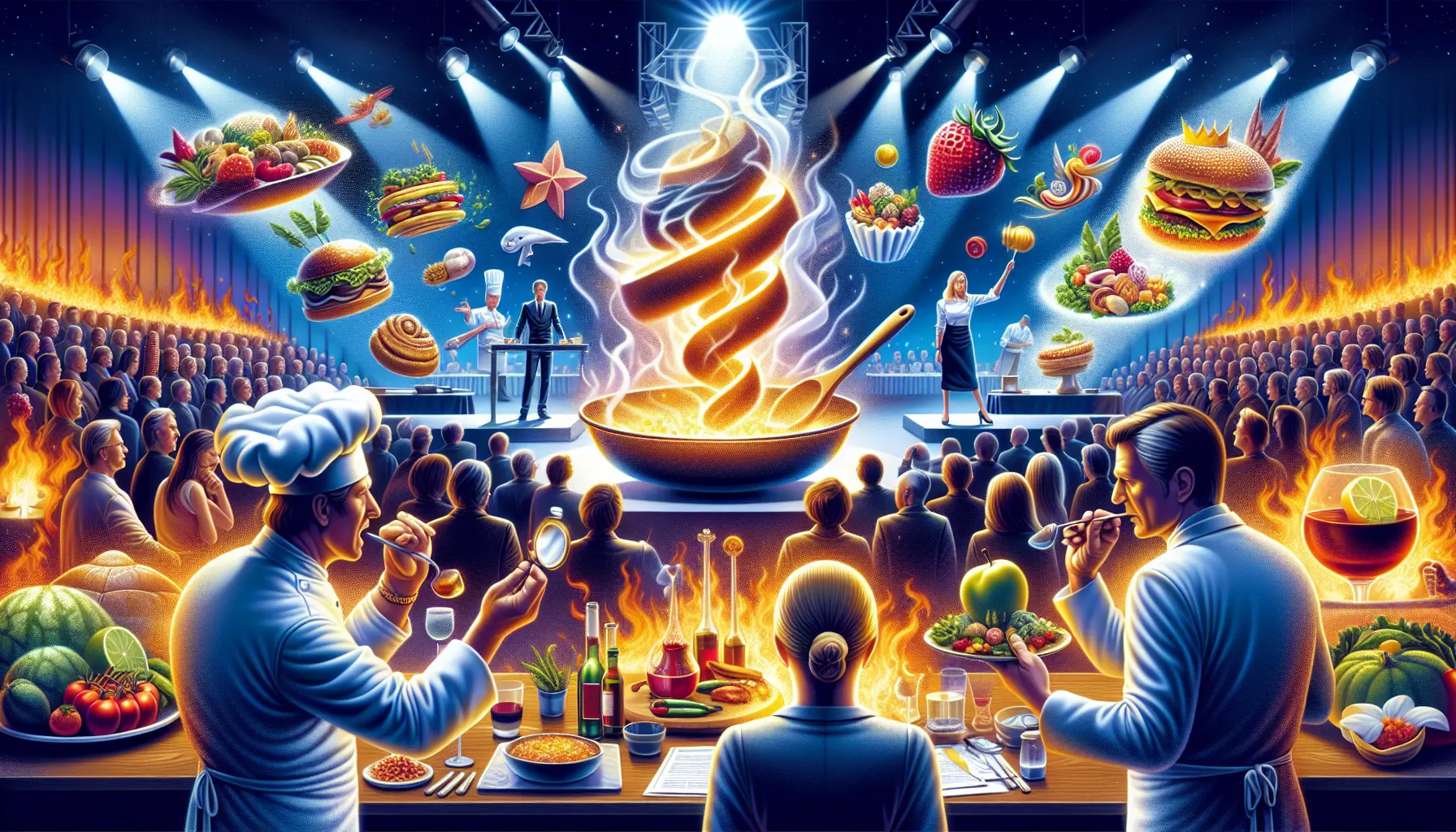 Un concorrente di Celebrity MasterChef alle prese con una sfida culinaria in un ambiente luminoso e dinamico.
