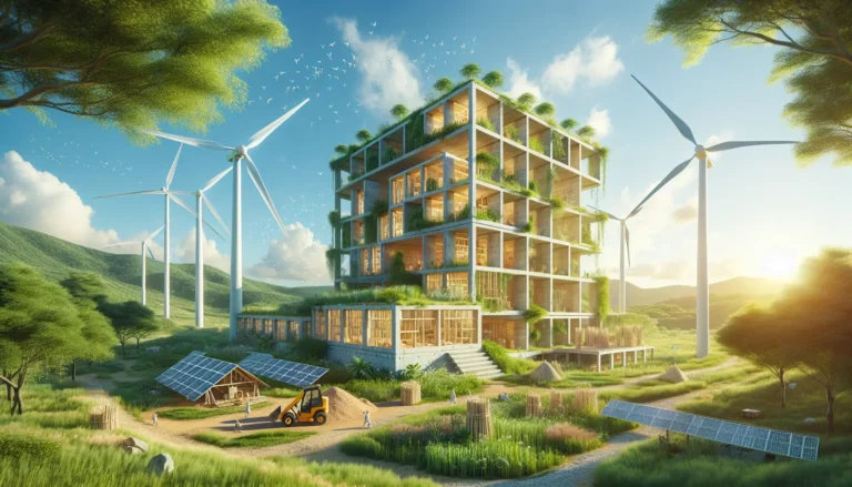 Un edificio ecologico costruito con materiali sostenibili e circondato da natura.