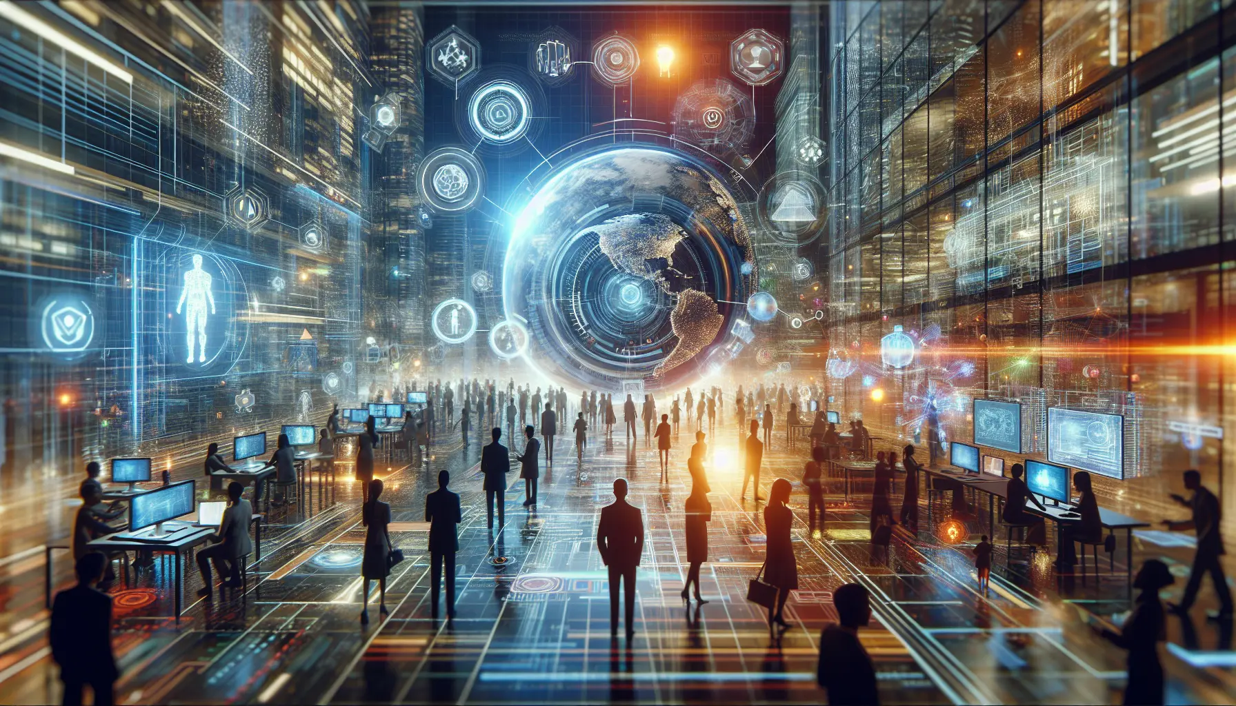 Un'immagine che rappresenta un ambiente di lavoro virtuale nel metaverso, con avatar interattivi che collaborano in uno spazio tridimensionale.