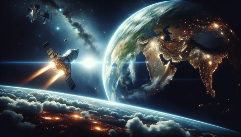 Un razzo che decolla verso lo spazio, simboleggiando il turismo spaziale e la responsabilità ambientale.