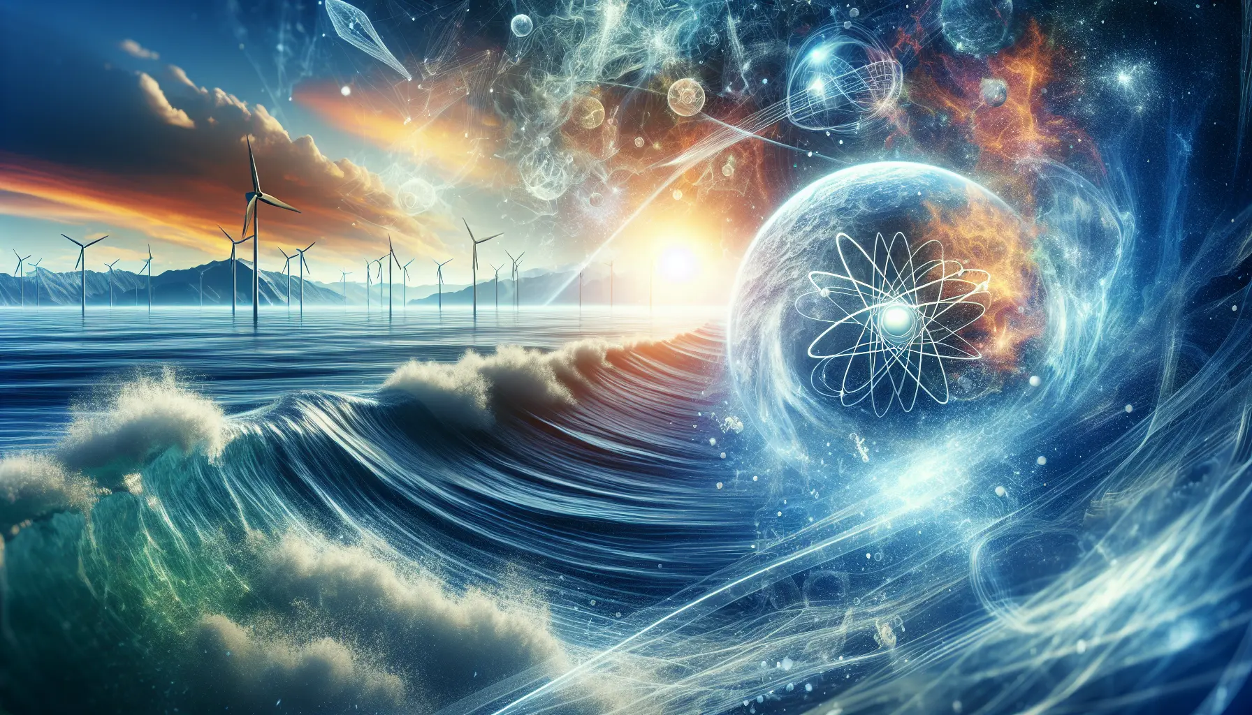 Rappresentazione grafica delle energie rinnovabili, con onde oceaniche e simboli di fusione nucleare.