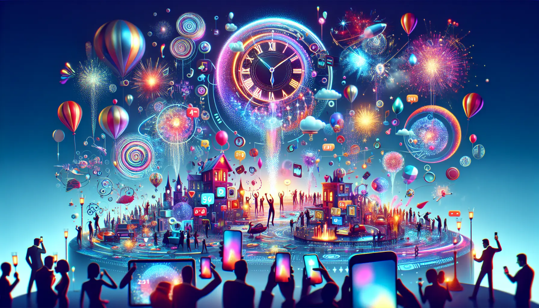 Un collage di GIF colorate di fuochi d'artificio e festeggiamenti per il nuovo anno.