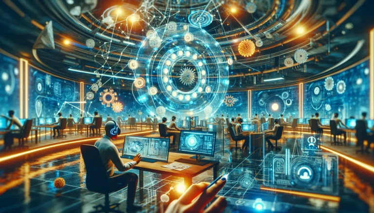 Un'immagine rappresentativa del metaverso, con avatar che interagiscono in un ambiente virtuale ricco di colori e dettagli.