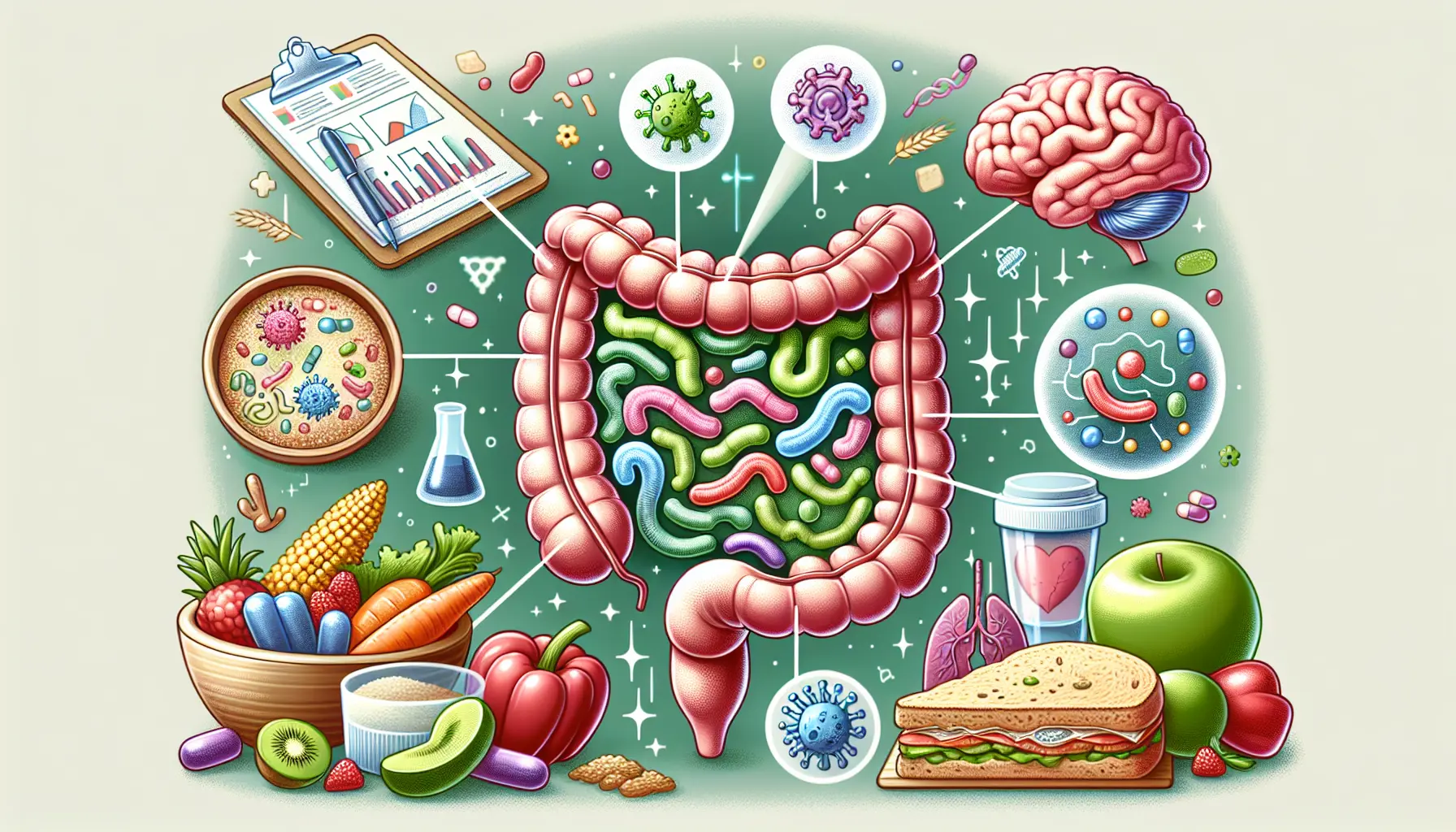Illustrazione del microbioma intestinale con batteri e alimenti sani
