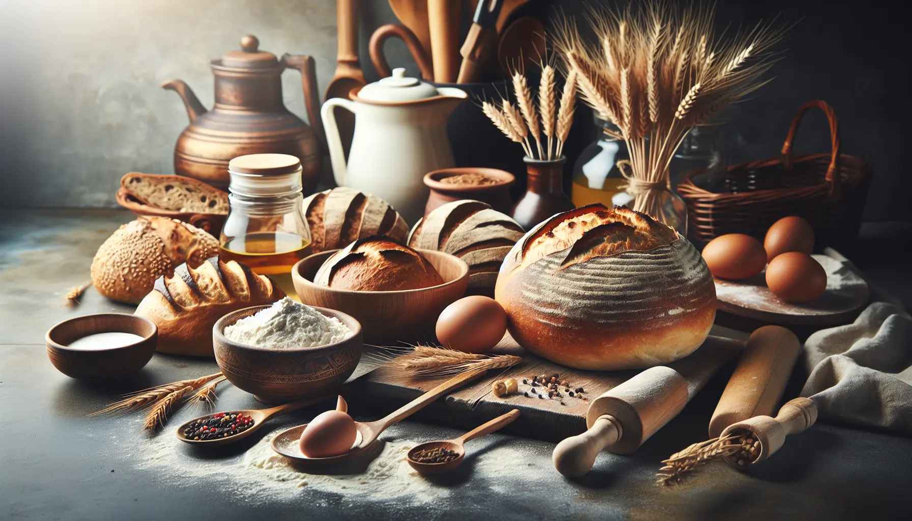 Varietà di pane artigianale su un tavolo di legno, con ingredienti freschi e spezie intorno.