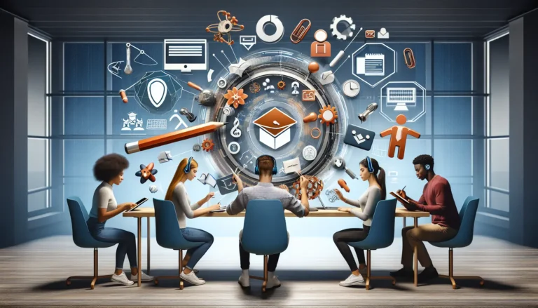 Studenti universitari che collaborano in un ambiente di apprendimento moderno e tecnologico.