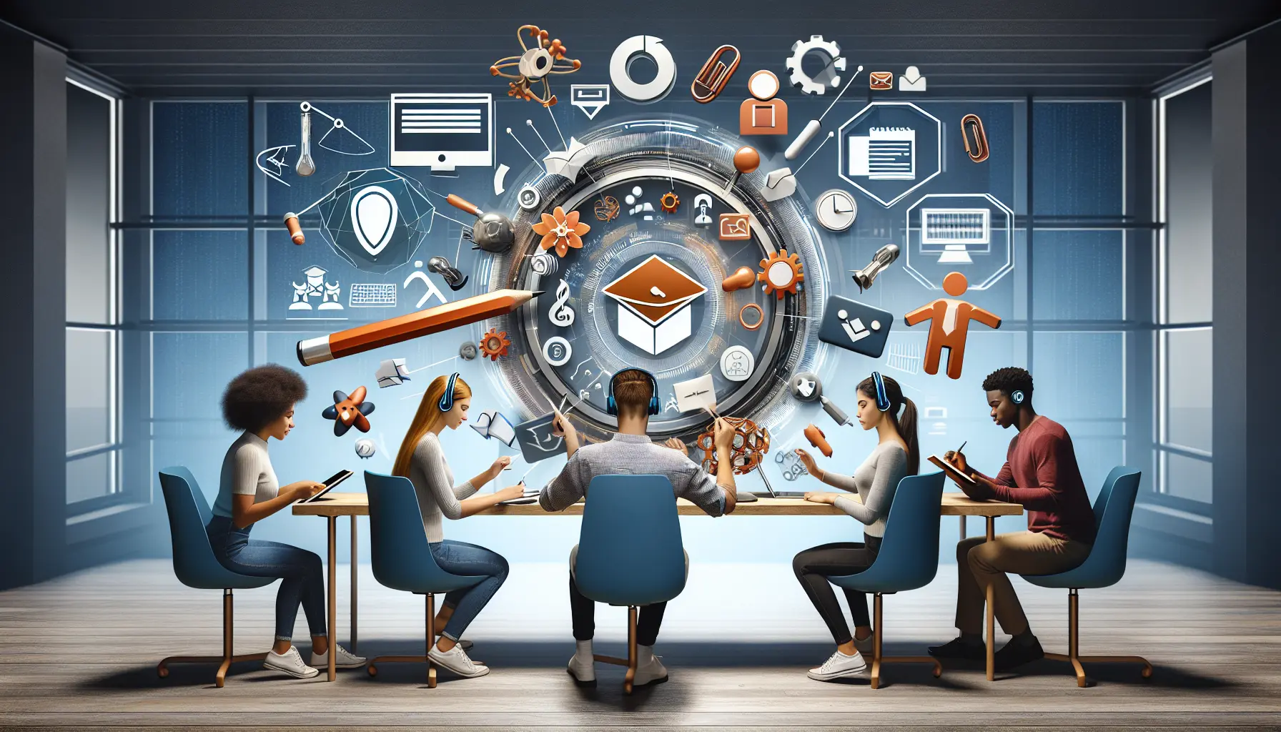 Studenti universitari che collaborano in un ambiente di apprendimento moderno e tecnologico.