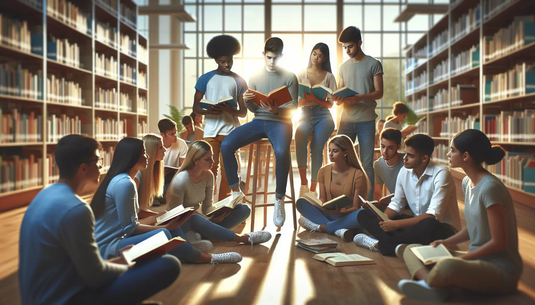 Un gruppo di studenti immersi nella lettura di libri in un ambiente sereno e stimolante.