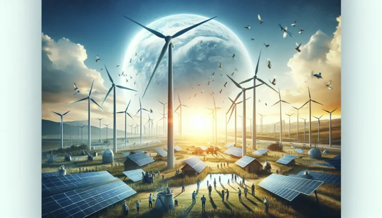 Pannelli solari e turbine eoliche in un paesaggio sostenibile