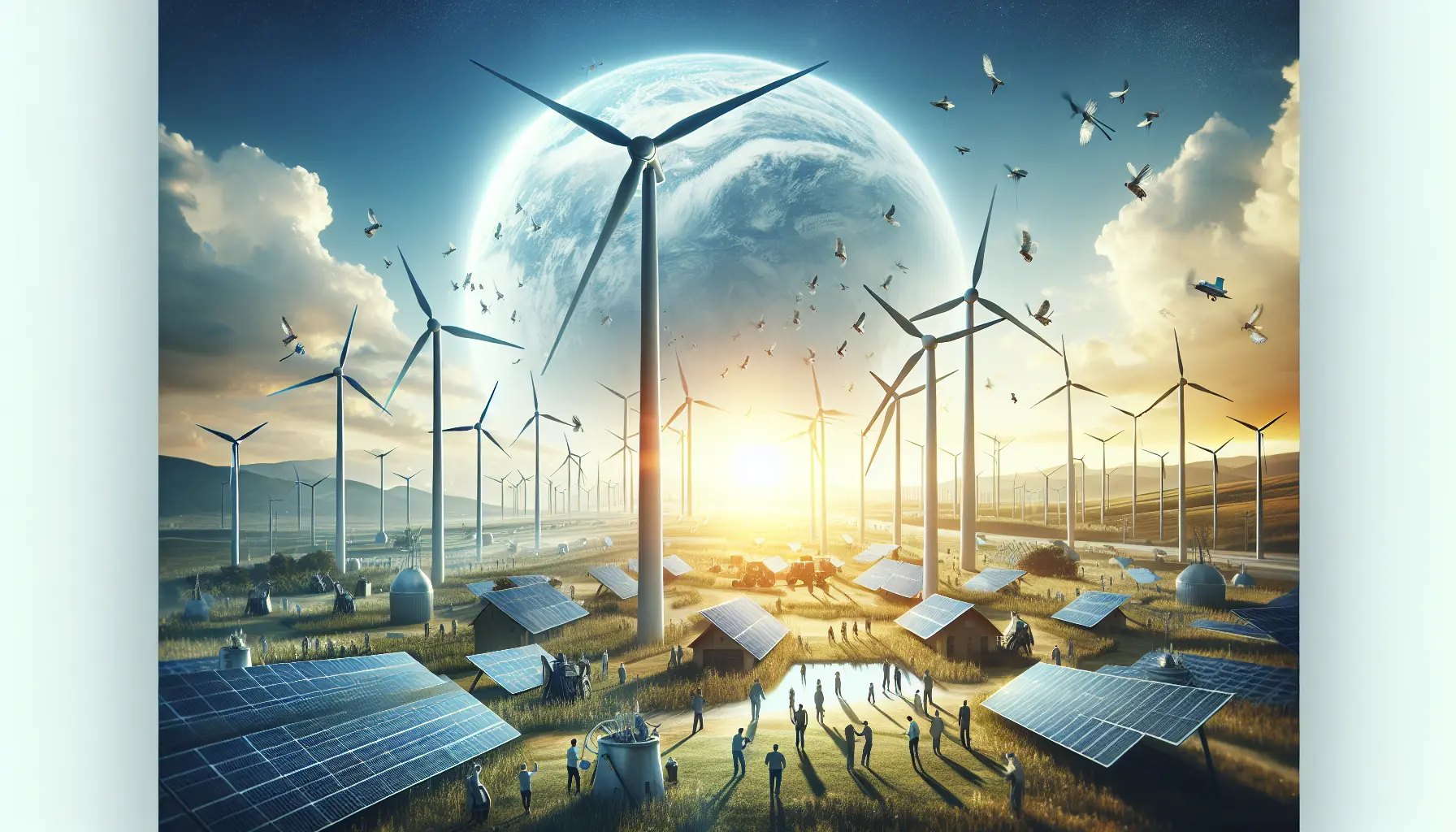 Pannelli solari e turbine eoliche in un paesaggio sostenibile