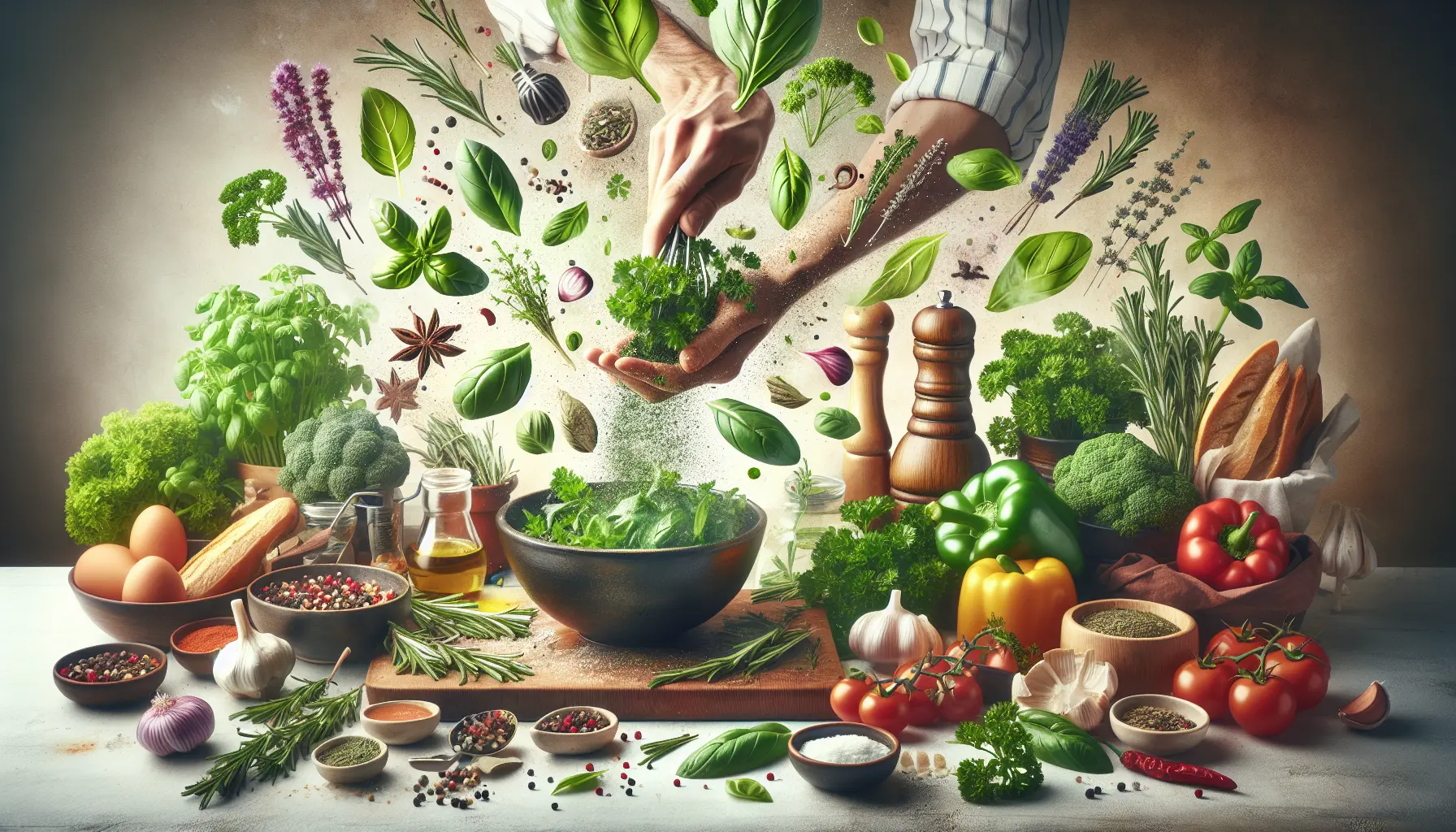 Varietà di erbe aromatiche fresche su un tavolo di legno, pronte per essere utilizzate in cucina.