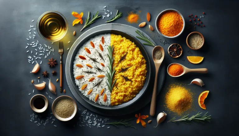 Piatto di risotto alla milanese, cremoso e con un colore dorato, servito in un piatto elegante.