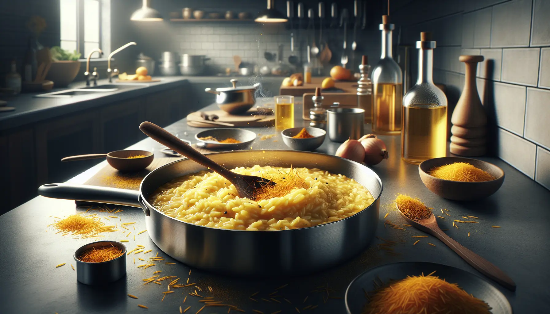 Un piatto di risotto alla milanese, cremoso e dal colore dorato, servito con una spolverata di parmigiano e decorato con foglie di prezzemolo.