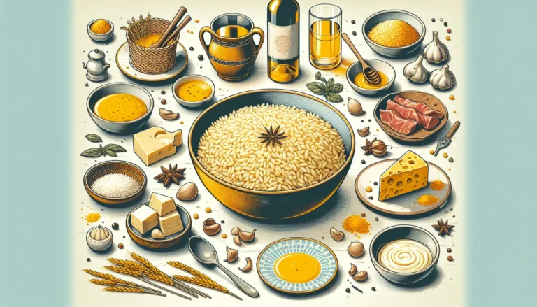 Un piatto di risotto alla milanese con zafferano e Parmigiano Reggiano, servito in un elegante piatto bianco.